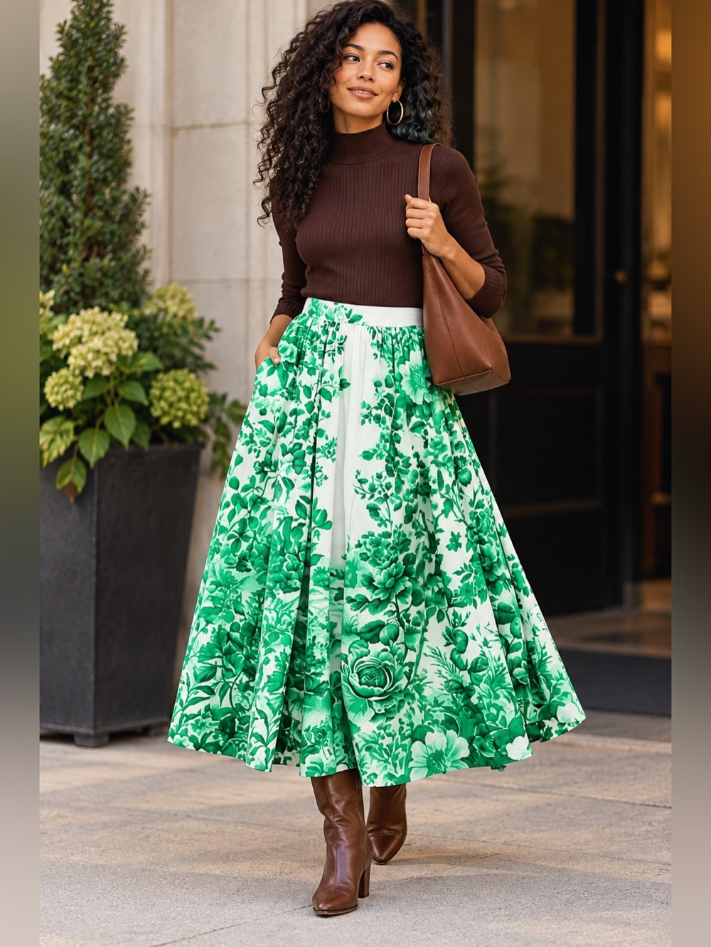 Anthropologie Maeve Jacie Green Floral Poplin Midi Skirt M